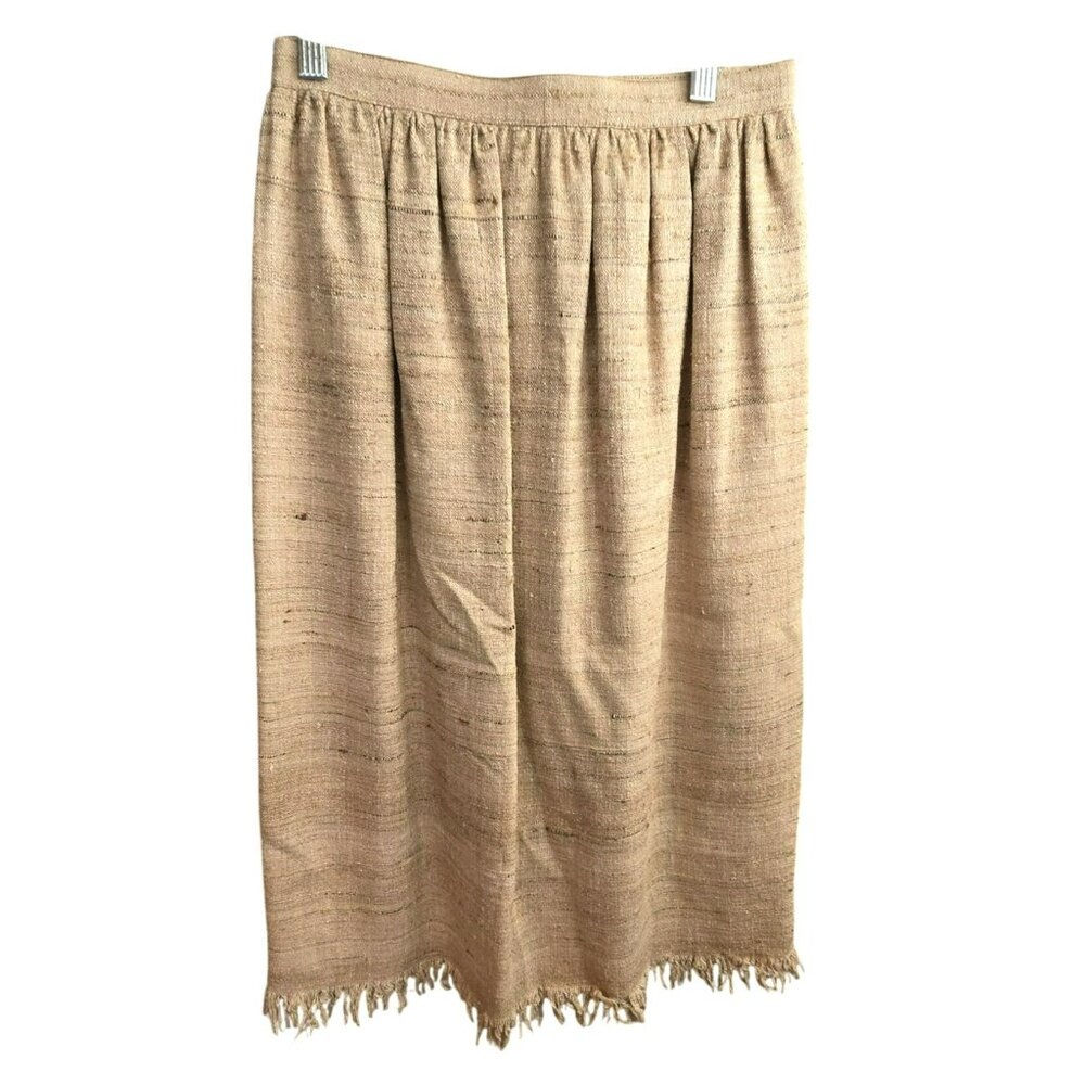 Vintage Handmade Raw Silk Tan Skirt With Fringe Hem Woven Texture HS146